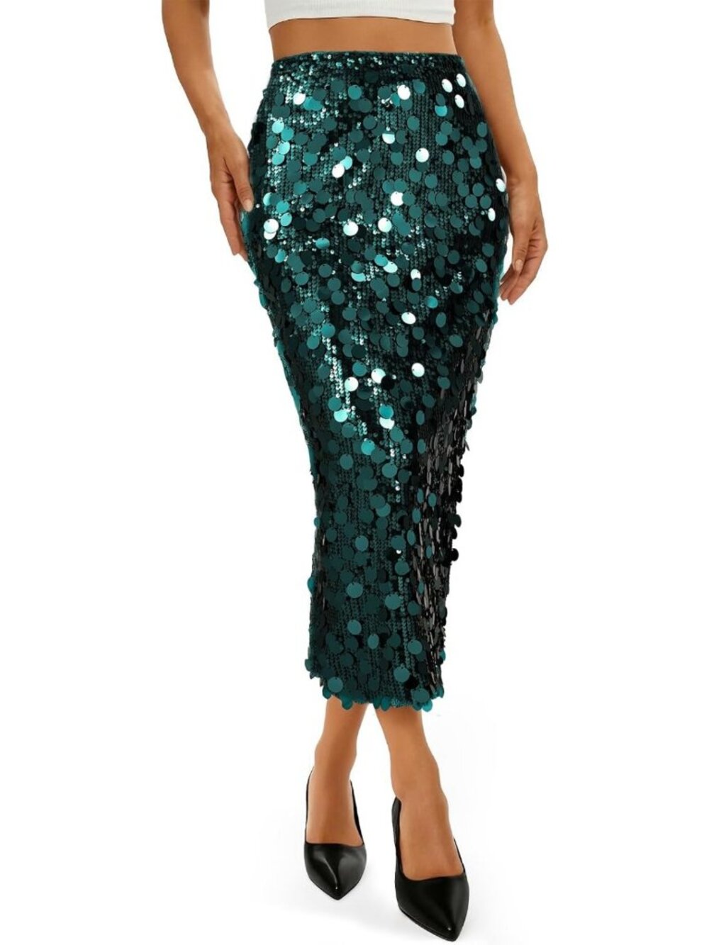 Sparkly Sequin Midi Skirt for Women | High Waist, Side Slit, Stretchy Night Out